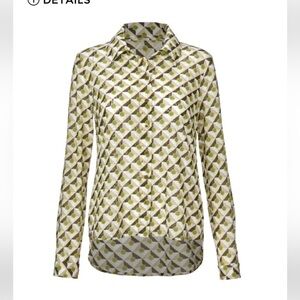 Cabi Mosaic mesh sheer green/ brown geometric top, size Small, #4336